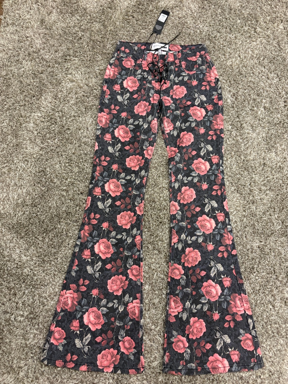 Fashion Nova Black and Pink Rose Lace-Up Flare Jeans